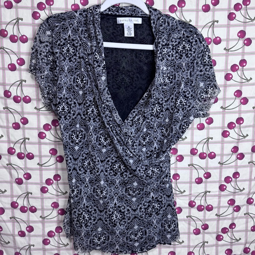 Women’s Vintage Y2K Elegant Black and White Pursuits LTD Patterned Wrap Blouse